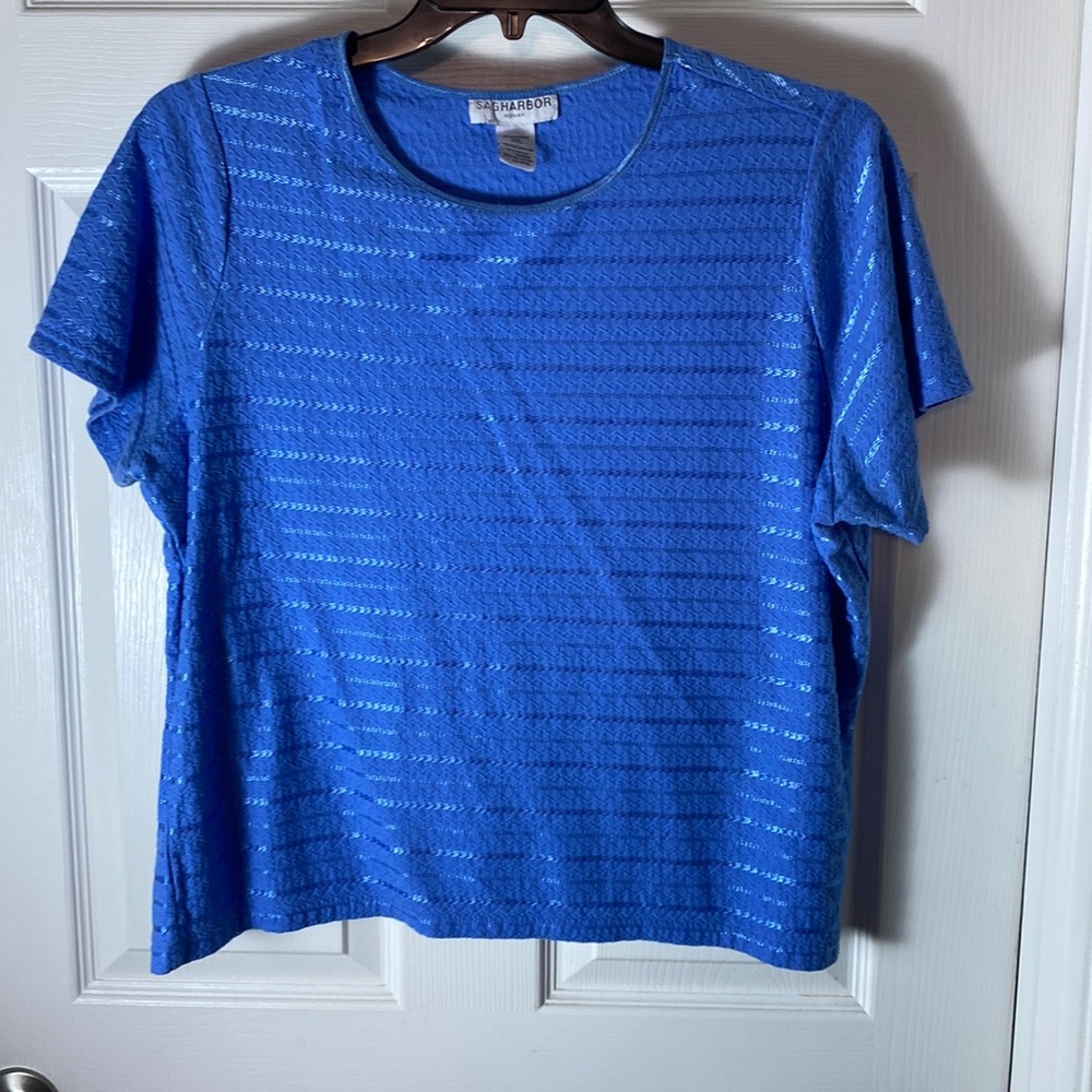 Sag Harbor Woman Blue Texture Design Short Sleeve Plus Size Top 1X